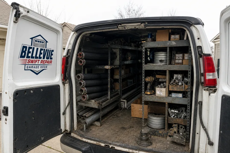 Inside the Swift Garage Door Repair van: springs, rollers, drums and hinges stocked for Bellevue